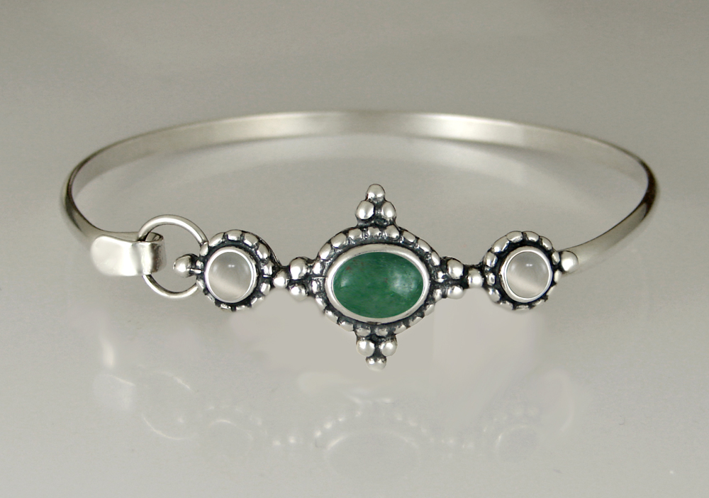 Sterling Silver Strap Latch Spring Hook Bangle Bracelet With Jade And White Moonstone